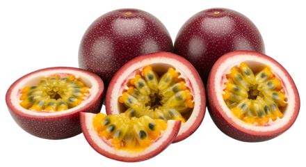 Fresh ripe passion fruits whole and halved showing juicy pulp and seeds isolated on transparent background