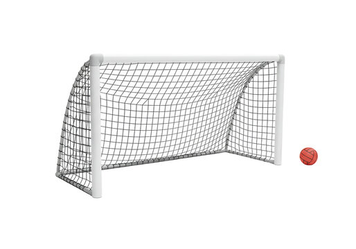 Isolated small soccer goal with net and ball ready for outdoor play activity concept