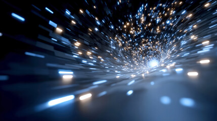 Glowing pixelated wormhole in space creates mesmerizing visual effect, with bright lights swirling and moving rapidly towards central point. scene evokes sense of wonder and exploration