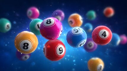 Colorful lottery balls floating against a blue background with numbers 