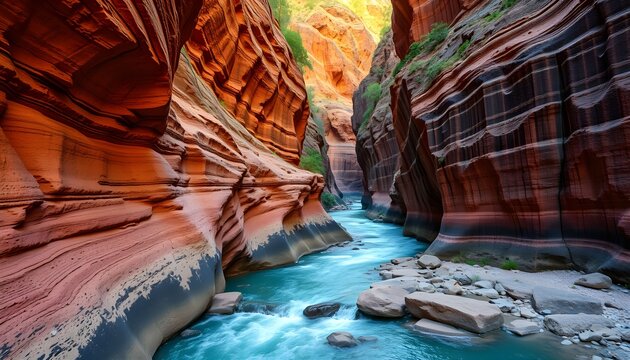 Hexagonal Basalt Canyon with Flowing River
