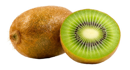A whole fuzzy brown kiwi fruit next to a vibrant green sliced kiwi revealing its starburst seed pattern isolated on transparent background