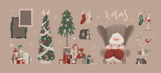 Cartoon Santa Claus sitting in a chair reading a letter, surrounded by gifts, tree, toys, candles, and retro Christmas decorations. Perfect for festive postcards and holiday design.
