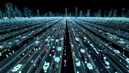 Abstract digital cityscape highway.  Parallel roads,  filled with moving vehicles.  City skyline stretches in distance.  Light trails and numbers form patterns