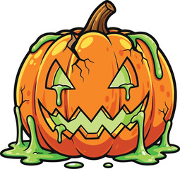 Cartoon halloween pumpkin with green slime dripping isolated on a white background