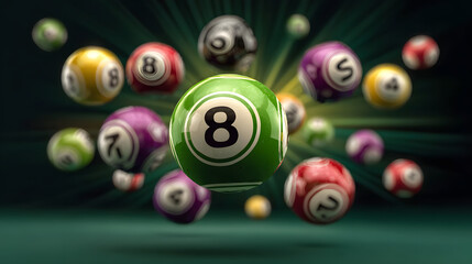 Colorful lottery balls flying around with number eight in focus
