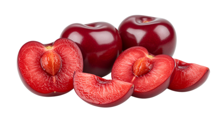 A group of ripe red plums some whole and some sliced in half and quarters isolated on transparent background