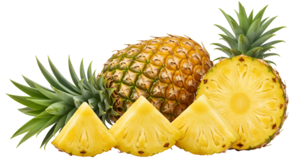 Fresh ripe pineapple halved and sliced into triangles with green leaves isolated on transparent background