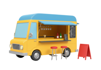 Isolated vintage-style yellow bar truck for catering with stools and advertising stand, a 3D render