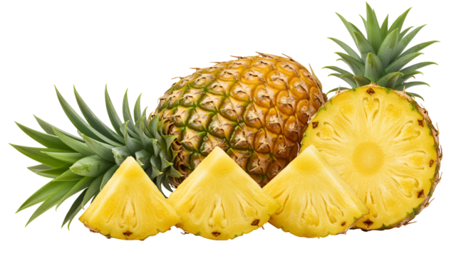 Fresh ripe pineapple halved and sliced into triangles with green leaves isolated on transparent background - Powered by Adobe