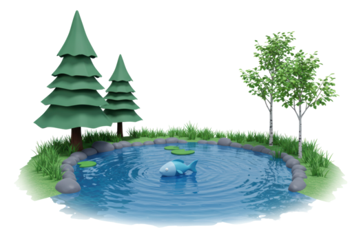 Isolated pond with fish, spruce trees and birch trees, nature scene, calm summer day