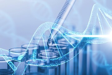 Illustrations of DNA structure and test tubes , double exposure