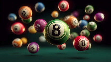 Vibrant billiard balls in motion against a dark background.