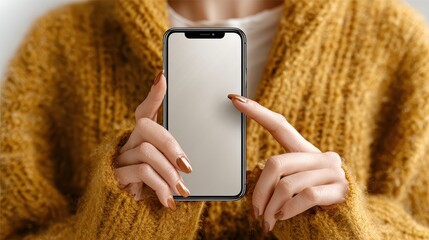 Woman in knitted sweater holds and touches black smartphone with blank white screen showing app interface