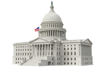 Isolated U.S. Capitol Building architecture with American flag near dome in Washington, DC