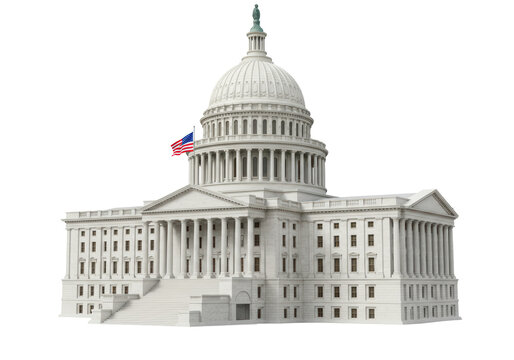 Fototapeta Isolated U.S. Capitol Building architecture with American flag near dome in Washington, DC