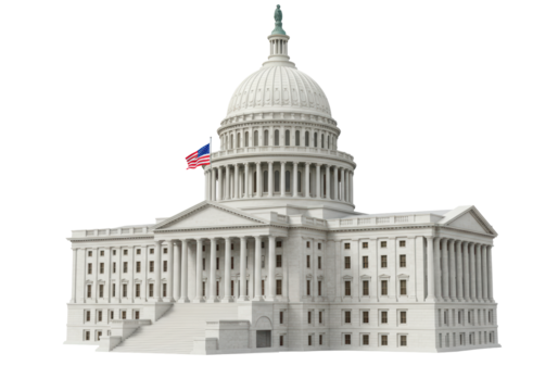 Isolated U.S. Capitol Building architecture with American flag near dome in Washington, DC