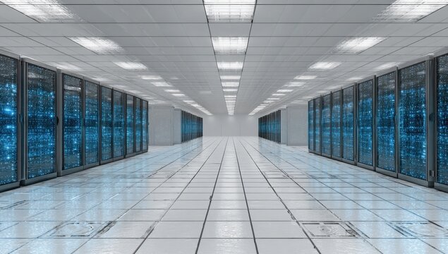 Empty server room, bright, futuristic