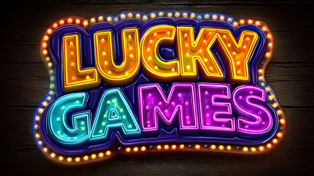 Bright Lucky Games Neon Sign on a Wooden Surface with Colorful Lights 