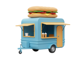 Isolated food truck with big sandwich on top, cute 3D rendering of vendor stand, tasty bread