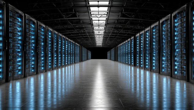Dark server room, rows of black cabinets, blue lights
