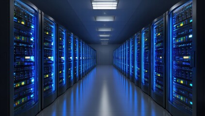 Server racks lined up in a dark server room, lit by blue LED lights