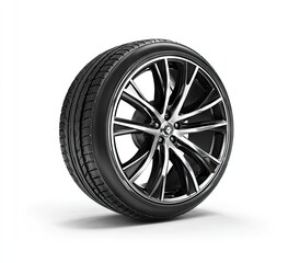 Obraz premium Black alloy wheel and tire, side view. Dark gray rim with five spokes. High-quality tire tread. Isolated on white background