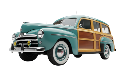 Vintage Turquoise Woodie Wagon Classic Car Isolated on White Background Retro Style Stock Photo