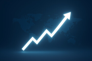 glowing white arrow showing upward trend on a world map background for business and economic growth concept