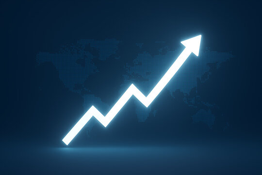 glowing white arrow showing upward trend on a world map background for business and economic growth concept