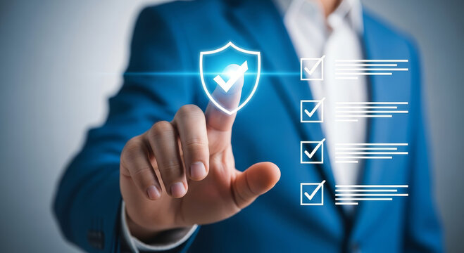 Secure digital solutions are here: Modern business man pointing to digital security checklist online now