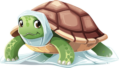 Fototapeta premium Sad Cartoon Turtle Entangled in Plastic Bags