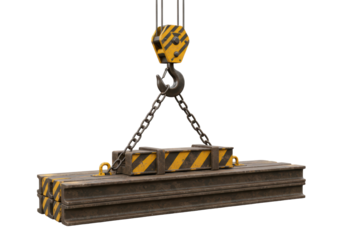 Isolated construction crane hook lifting metal beams with yellow safety markings safely