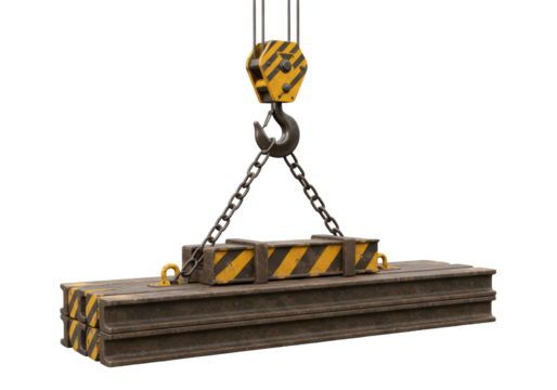Isolated construction crane hook lifting metal beams with yellow safety markings safely
