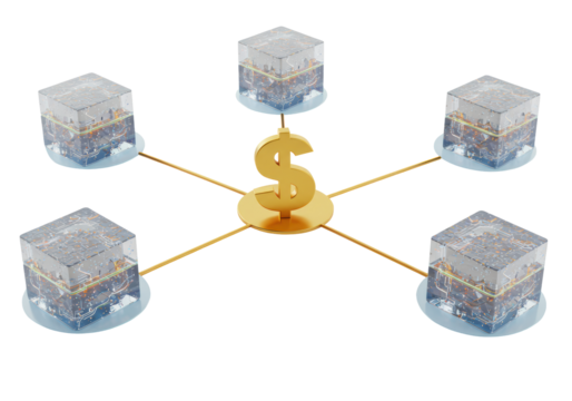 Isolated transparent cubes network with dollar sign for financial technology and blockchain