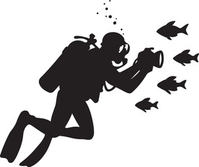 Black silhouette of a scuba diver with a camera swimming with fish and bubbles black and white underwater