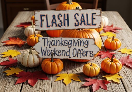A flash sale sign is surrounded by pumpkins and fall leaves for thanksgiving - Powered by Adobe
