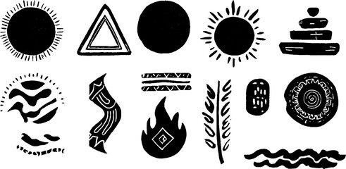 Mystical alchemy symbols set with triangle, circle, and square elements for spiritual art and design