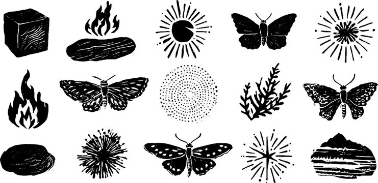 Elements of alchemical transformation with butterflies and celestial symbols for artistic design