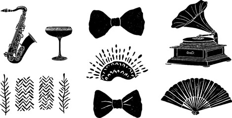 Art deco party collection with saxophone and gramophone for vintage design