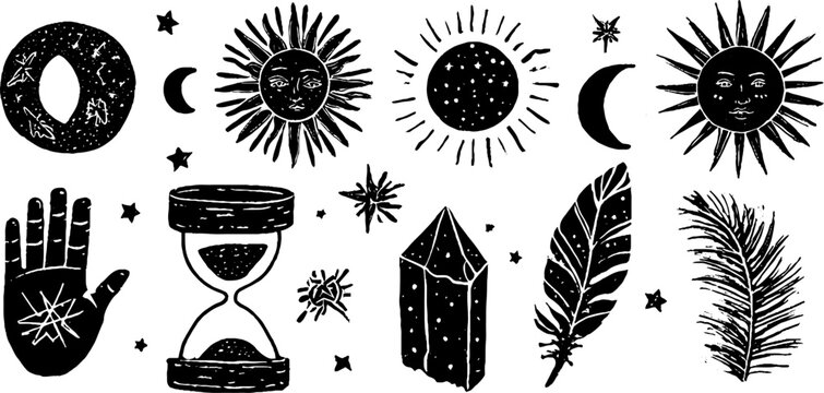 Celestial astrology linocut set with zodiac wheel and moon phases for mystic designs
