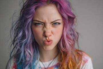 Portrait of a young woman with colorful dyed hair making a funny face