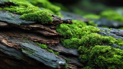 Close up of tree bark covered in green moss with layered organic textures and moist surface creating a natural woodland macro background for forest or earthy design projects