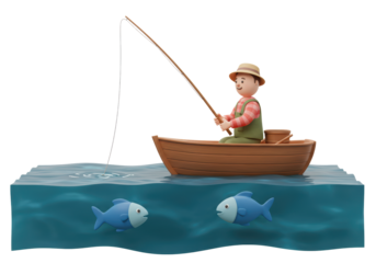 Isolated happy fisherman in rowboat fishing in the ocean with cute cartoon fishes swims