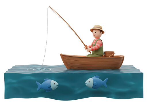 Isolated happy fisherman in rowboat fishing in the ocean with cute cartoon fishes swims