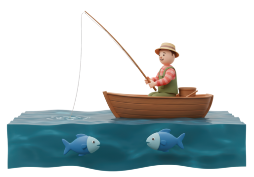Isolated happy fisherman in rowboat fishing in the ocean with cute cartoon fishes swims