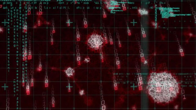 Grid revealing data-node clusters while binary streams falling and code scrolling showing data flow