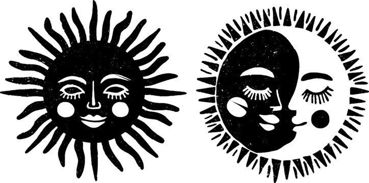 Linocut duality symbols of sun and moon - celestial design for boho and scandinavian decor
