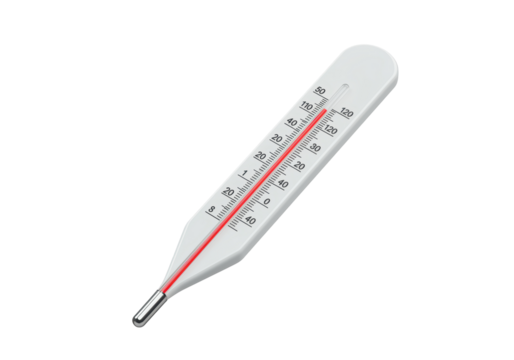Isolated medical thermometer for measuring body temperature shows high fever condition