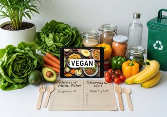 Vegan meal plan and shopping list displayed with fresh vegetables and fruits on a table